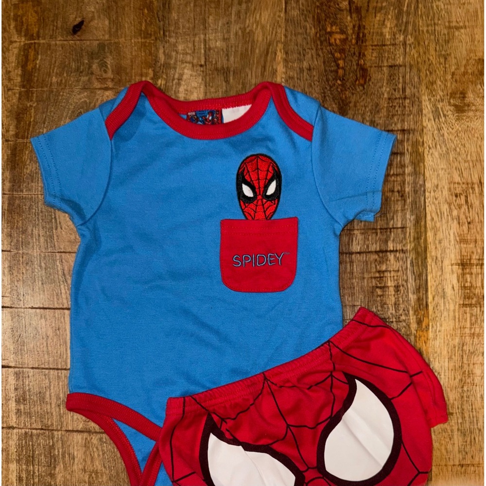 Vintage 2005 Marvel Spider-Man Bodysuit and Diaper Cover Set Blue Red 6-9M